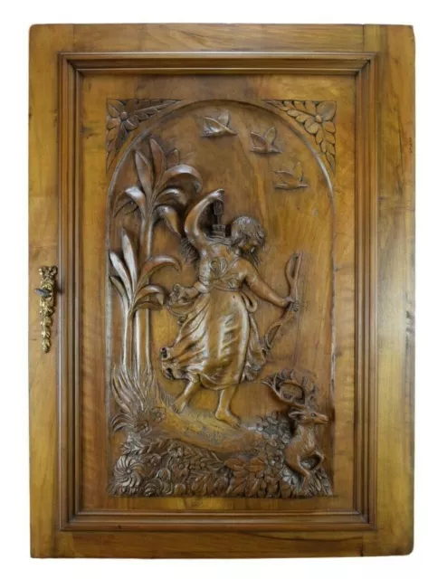 Antique French Large Hand Carved Wood Door Diana The Huntress