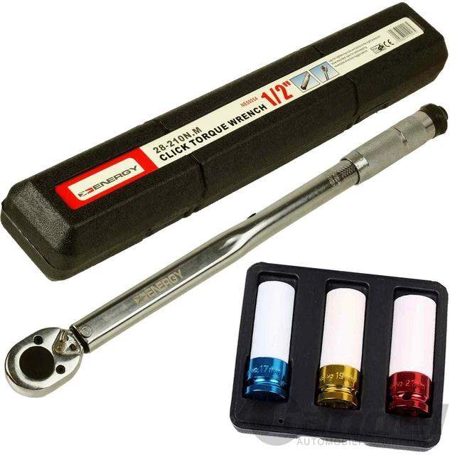 DREHMOMENTSCHLÜSSEL 1/2" ZOLL MIT KOFFER 28-210 Nm UMSCHALTBAR + FELGENNUSS-SET
