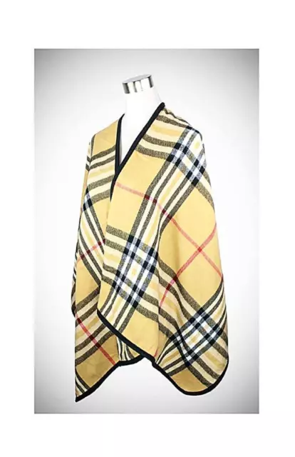 CLASSIC Soft & Warm Beige Brown Plaid Print Black Trim Ruana Shawl Scarf Wrap