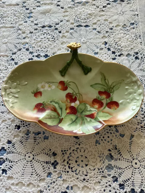 ANTIQUE LIMOGES William Guerin France Tray Hand Painted Strawberrys gild handle.