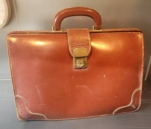 Vintage Cheney Leather Briefcase Brown Hard Leather Doctors Bag No Key