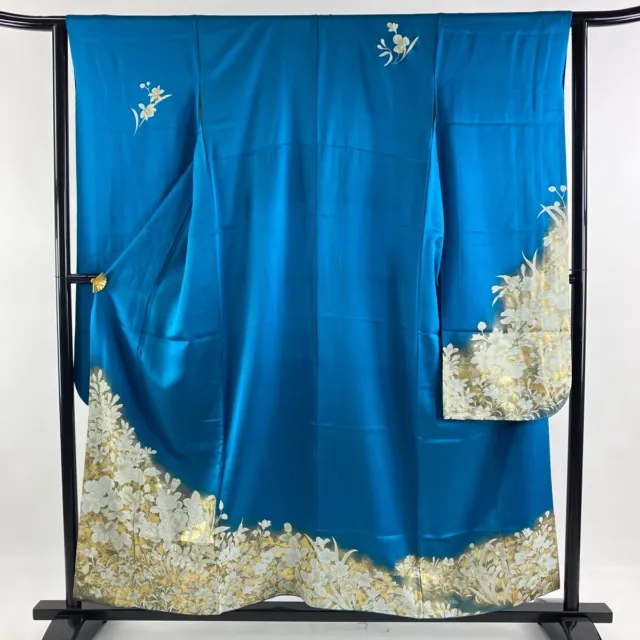 Japanese Kimono Silk Furisode Long Sleeves Gold Leaf Flowers Grass Blue 61"