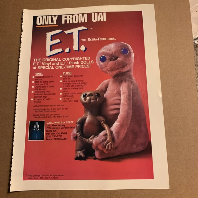 Original 11-8” 1987 E.t. Crane Plush Toy Doll Prize arcade  game FLYER AD