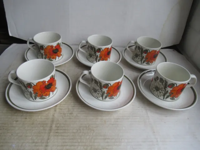 Vintage J+ G Meakin, Studio 'Poppy'  6 Cups + Saucers.