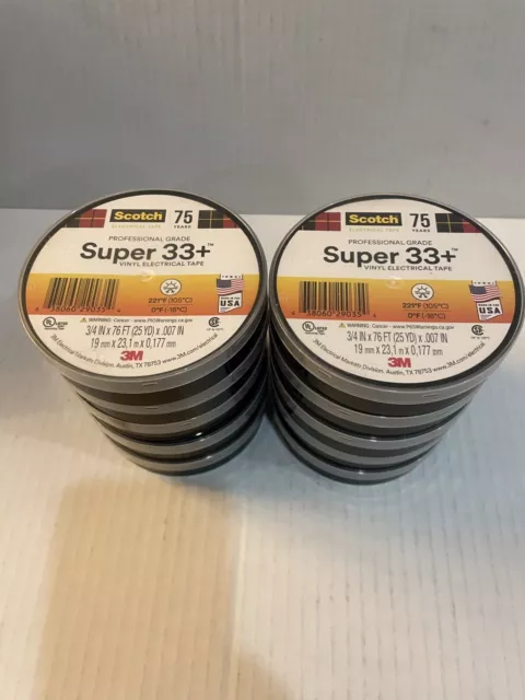 3m Scotch Super 33+ Vinyl Electrical Tape, 7 Mil, 3/4" X 76', Black  (3 rolls)