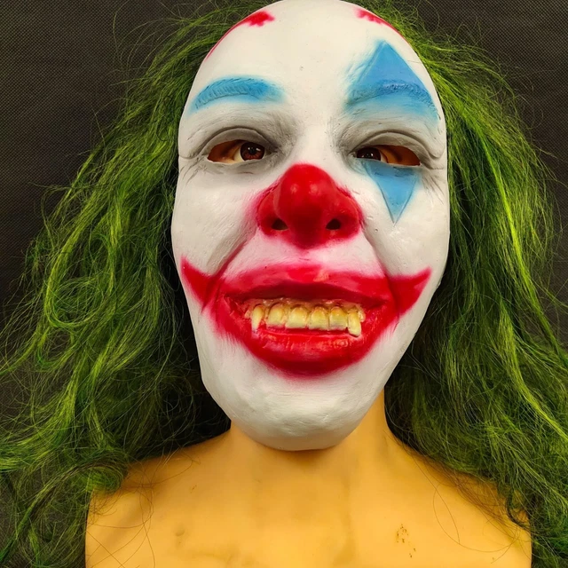 Bloody mouth, fangs, bloodthirsty clown, green wig, bat, vampire latex mask