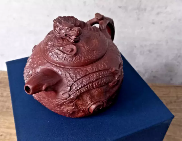 Chinese Yixing Dragon Teapot and Box  - Handmade Brown Clay