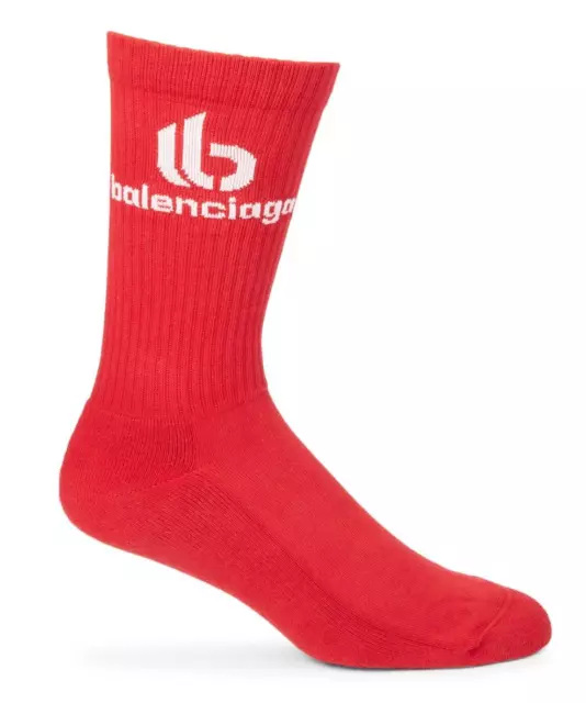 Balenciaga Mens Double B Logo Ribbed Stretch Cotton Crew Socks Red White Size XL