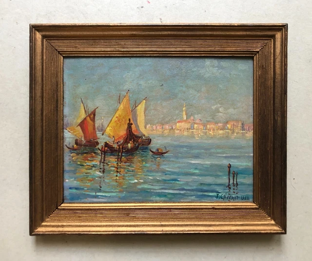 Tableau Ancien Signé Jules Chevret, Vue De Venise, Huile sur panneau, XXe