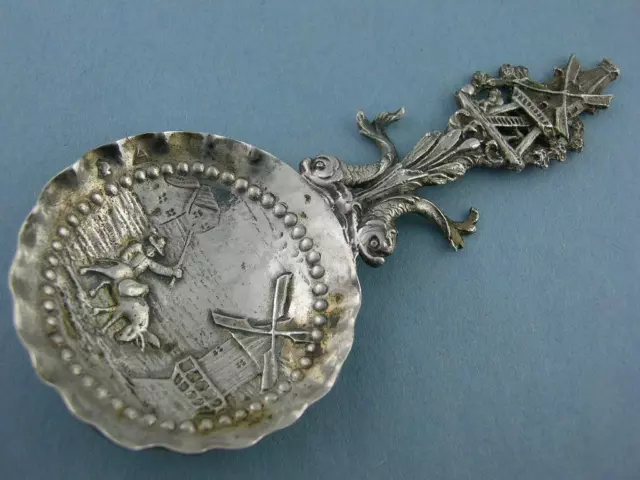 Dutch .833 Silver Bon Bon Spoon windmill & Dolphin handle w/ scenic bowl