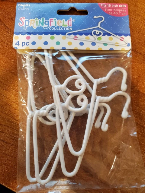 Metal Springfield WHITE DOLL CLOTHES HANGERS  4 1/2"  Fits 18" Dolls Pack of 4