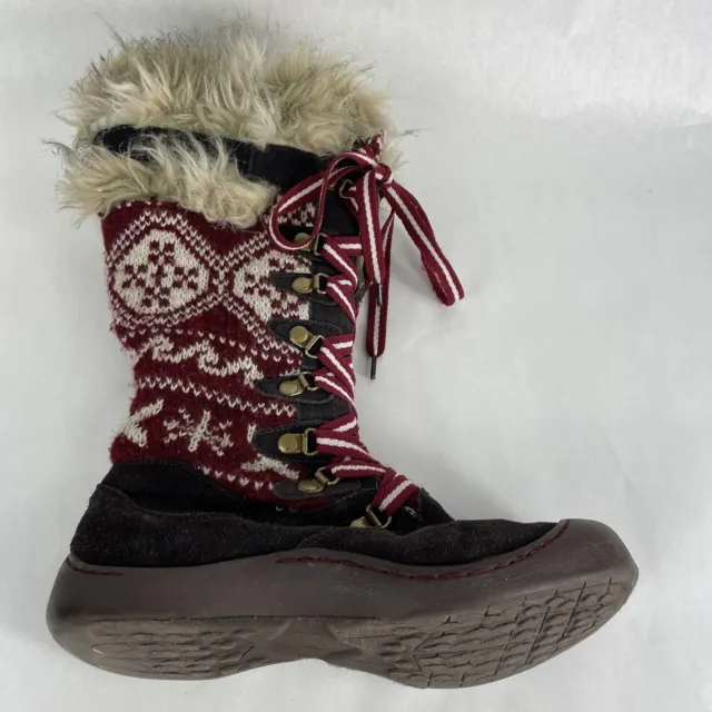 Muk Luks Boots Womens 9 Red & Brown Cow Suede Lace Up Fur Knit Winter #4464