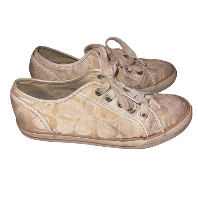 Coach Dee beige gold leather canvas logo sneakers women’s size 7 1/2 B