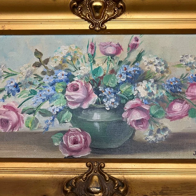 JE Judge (Janet Greenleaf) Roses Phlox Floral Vase Oil Painting Ornate Framed 2