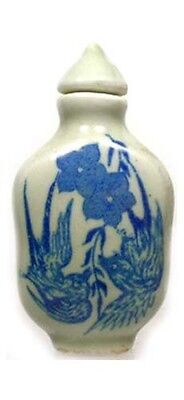 Antique 19thC China Blue + Green Ming Style Porcelain Floral Motif Snuff Bottle