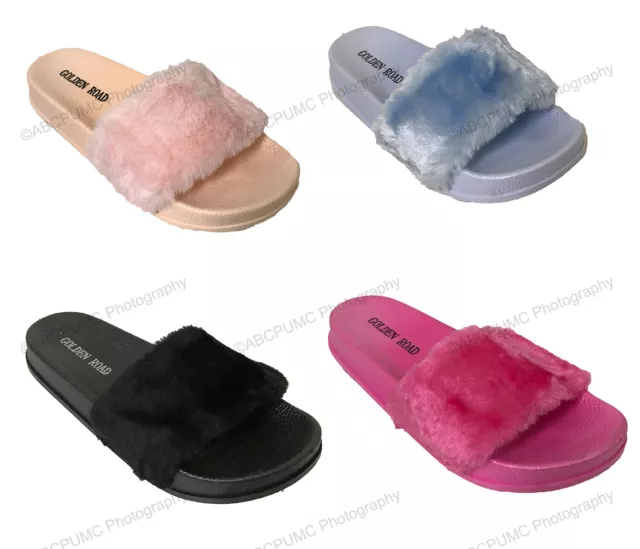 Womens Flip Flops Soft Faux Fur Fuzzy Slip on Sandals Slide Slippers Flat Colors