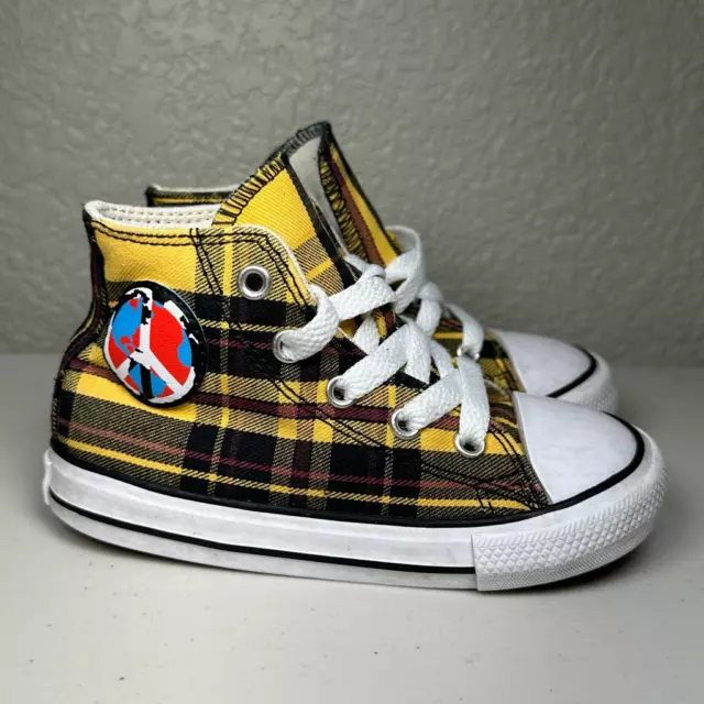 Converse Unisex Kids 8 Toddler World Peace Sneakers Yellow Plaid High Top Shoes