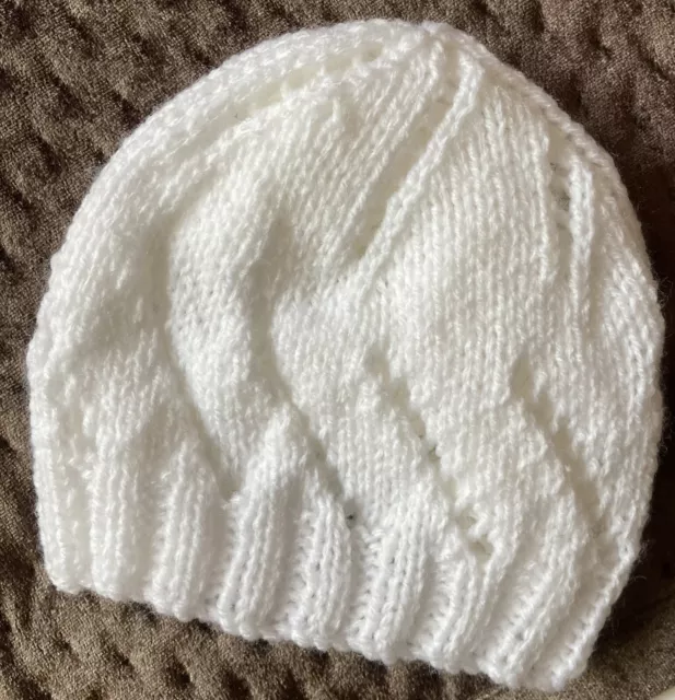 Newborn Baby Beanie/Hat. Extra Soft White. Hand-Knitted By Me. Cute Pattern 3