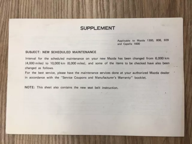 Mazda 1300 808 929 Capella 1600 Supplement Scheduled Maintenance Sheets Original