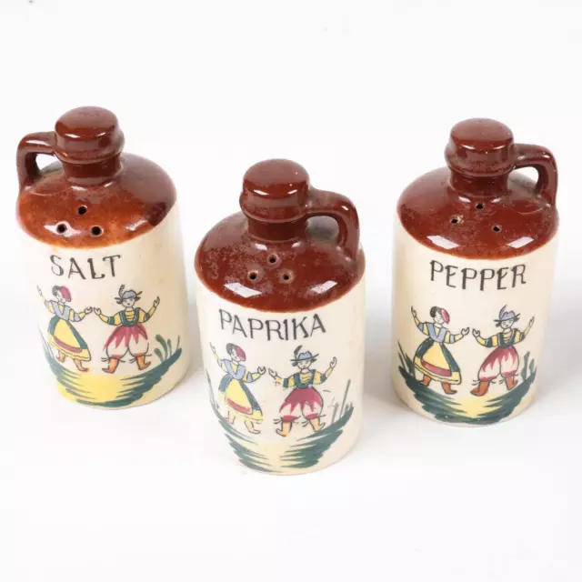 VINTAGE SALT PEPPER Paprika Shakers Dutch Man Woman Whiskey Jug Brown Tan  Glaze $21.99 - PicClick