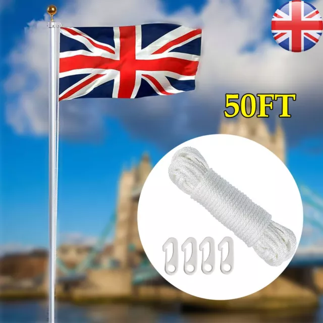 49ft/15M Nylon Flag Rope Flagpole Rope 6mm Thick White  W/4X Flag Pole Clips New