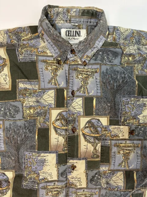Vintage Cellini Shirt Men S Oversize All Over Print Globe Map Travel Long Sleeve