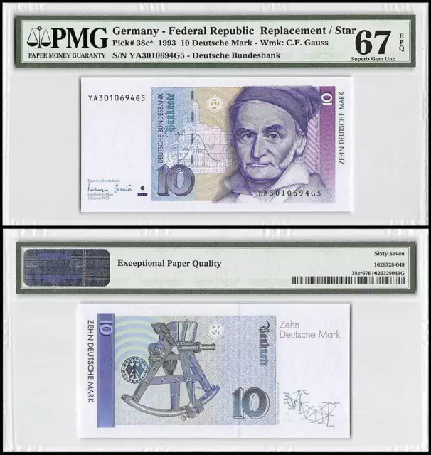 Germany Federal Republic 10 Deutsche Mark, 1993, P-38cz, Replacement, PMG 67