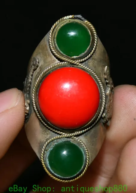 2'' Unique China Old Silver Inlaid Green Red Gems Dragon Phoenix Jewelry Ring