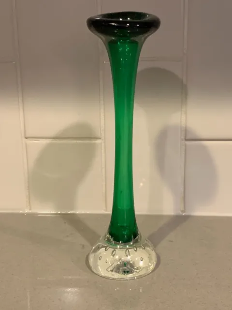 Vintage Murano Art Glass Emerald Stem Vase 8" Controlled Bubble Base