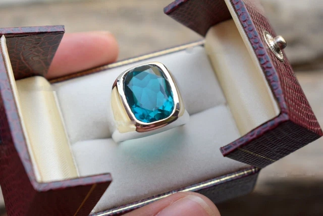 Bague pour homme en argent sterling 925 avec topaze bleu ciel et pierre...