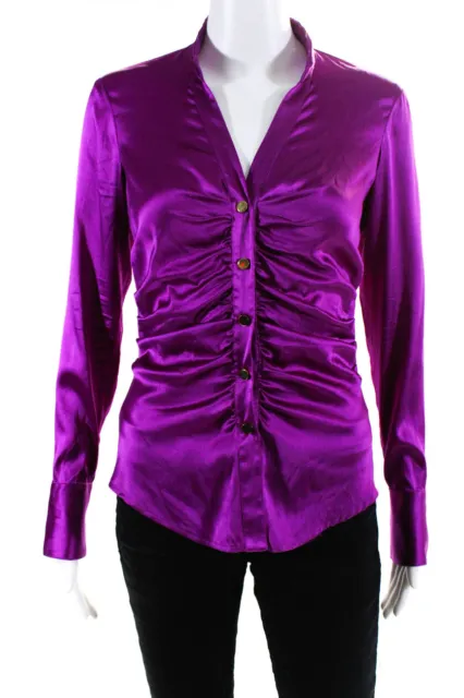 Cache Womens Purple Silk V-Neck Ruched Long Sleeve Blouse Top Size XS