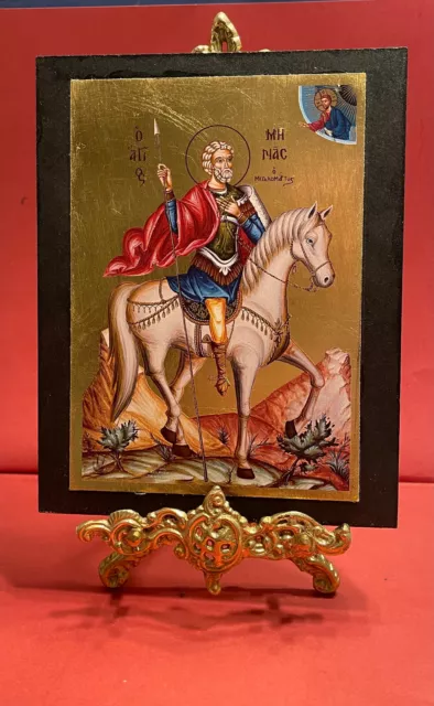 SAINT MENAS, THE GREAT MARTYR, Greek Byzantine Orthodox Icon Silkscreen 7×9inch