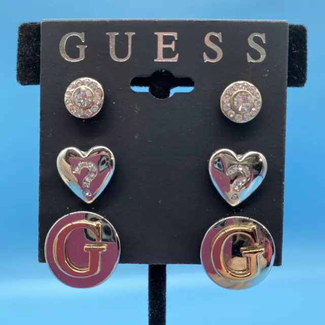 Guess/3 Piece Set/Round Heart Logo Button/Gold & Silver-Tone/Stud Earrings/NOS 2