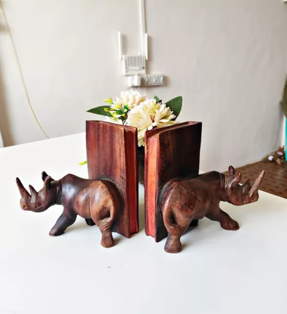 1950 Vintage Rhino Wooden Bookends Pair made in Rosewood