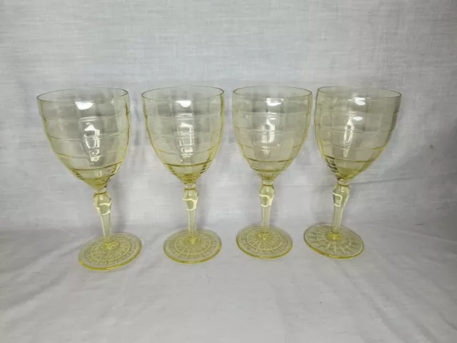 Anchor Hocking Block Optic Yellow Wine Glass Goblet Depression Glass - Set Of 4