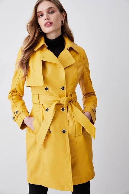 Luxury Ladies Women's Yellow Leather Trench Coat 100% Sheepskin Custom Made Coat
