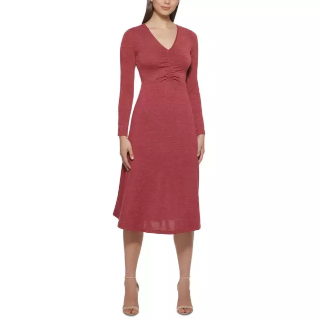 Kensie Dresses Womens Red Knit Calf V Neck Midi Dress L BHFO 1154