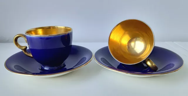 Gold Gilted Crown Devon Cobalt Blue Espresso Cups and Saucers  c. 1930s