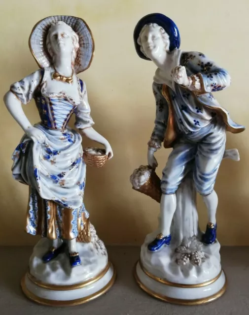 Capodimonte porcellana antica coppia di statuine contadino contadina oro blu