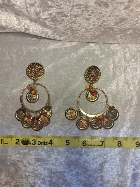 Vintage 80s pierced earrings gold tone metal coins dangle colorful beads
