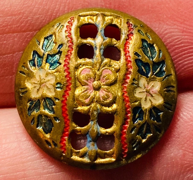 Antique Vintage Enameled Metal Button With Flowers 3/4”