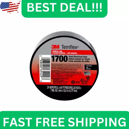 3M Temflex 1700 General Use Electrical Tape Black - 3/4 in. x 60 ft.