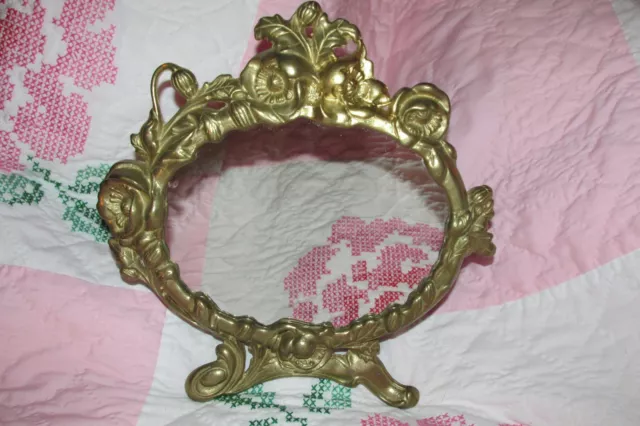 Vtg Brass Vanity Stand Dresser Mirror ~ Ornate Floral Decor