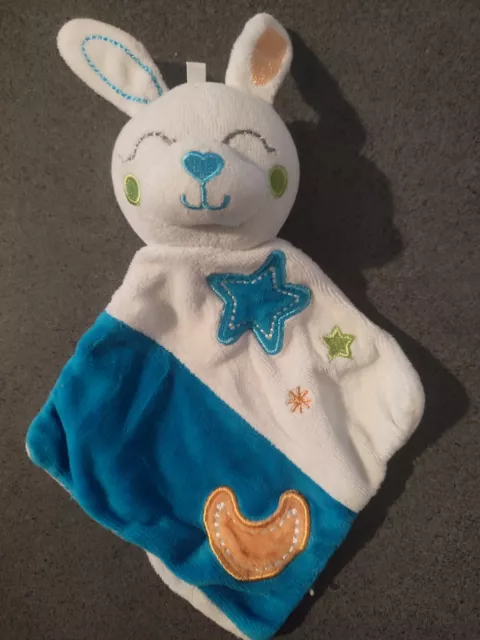 doudou lapin plat SIPLEC LECLERC bleu blanc étoiles lune