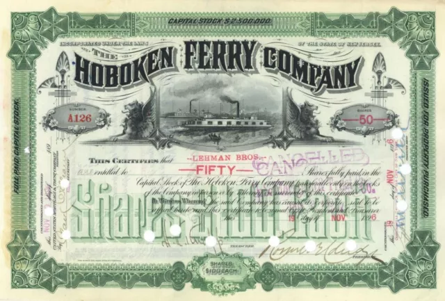 Hoboken Ferry Co. - Green Issued to Lehman Brothers - 1896 dated Shipping Stock