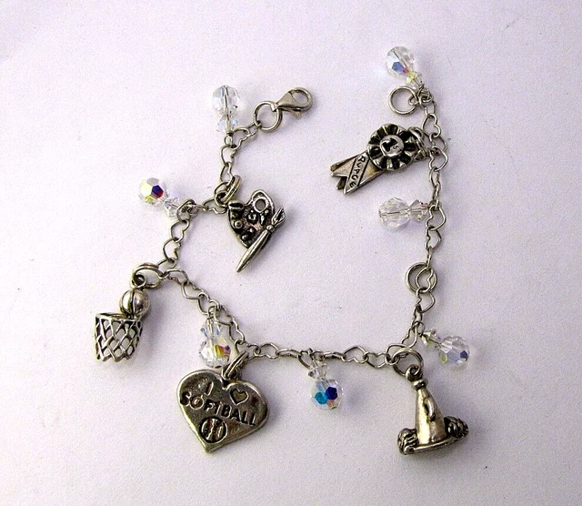 Charm Bracelet 925 Sterling Silver Heart Links Cheerleader Softball Palette 1st