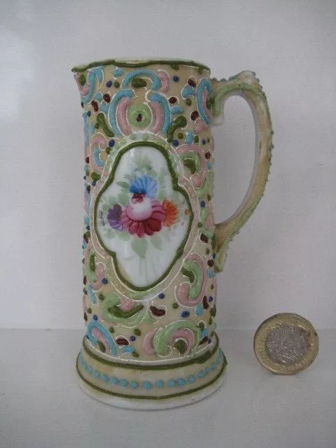 Antique Nippon Porcelain Hand Painted Rose Heavy Moriage Miniature Ewer Jug Vase