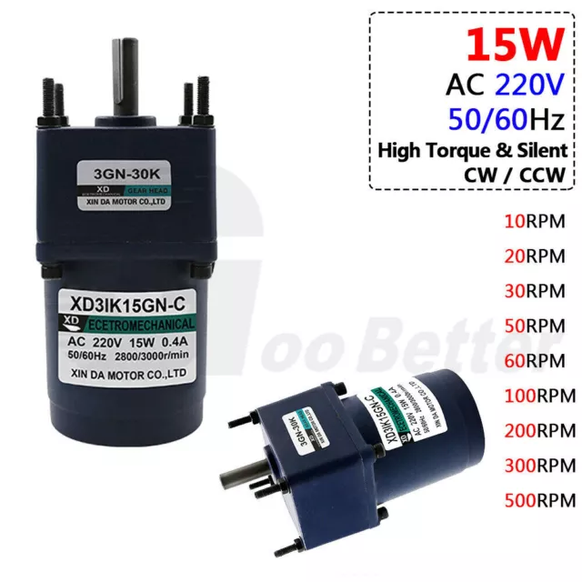 Micro AC 220V 50/60Hz 15W High Torque Gearmotor Metal Gearbox Motor 10 to 500RPM