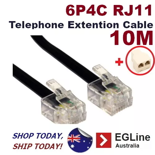 10M 6P4C RJ11 Cable Telephone Extension Leads Cord Cable + Free Splitter