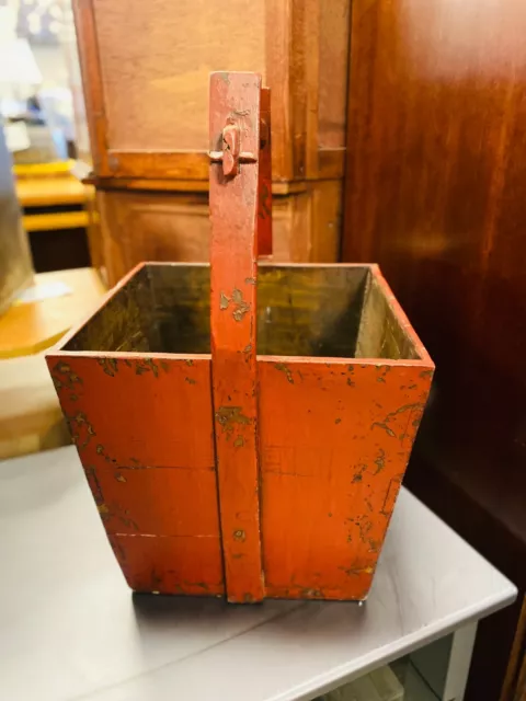 Rustic Red Wooden Chinese Rice Bucket 2